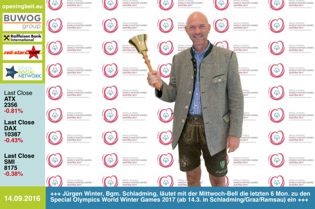 #openingbell am 14.9.: Jürgen Winter, Bürgermeister Schladming, läutet mit der Opening Bell für Mittwoch auch die letzten 6 Monate zu den Special Olympics World Winter Games 2017 (ab 14.3. in Schladming / Graz / Ramsau) ein http://www.austria2017.org http://www.openingbell.eu (14.09.2016) 