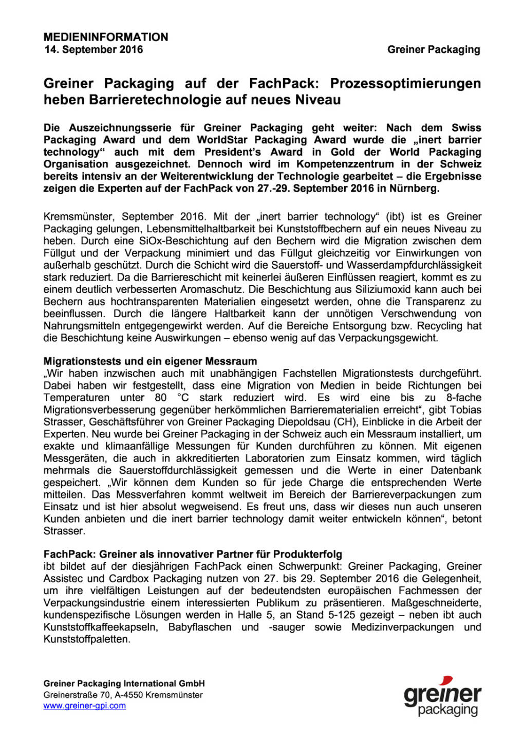 Greiner Packaging auf der FachPack, Seite 1/2, komplettes Dokument unter http://boerse-social.com/static/uploads/file_1773_greiner_packaging_auf_der_fachpack.pdf