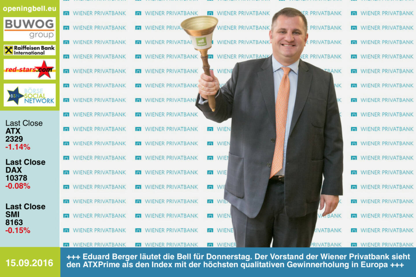 #openingbell am 15.9.: Eduard Berger läutet die Opening Bell für Donnerstag. Der Vorstand der Wiener Privatbank sieht den ATXPrime als den Index mit der höchsten qualitativen Gewinnerholung in Europa http://www.wienerprivatbank.com http://www.openingbell.eu