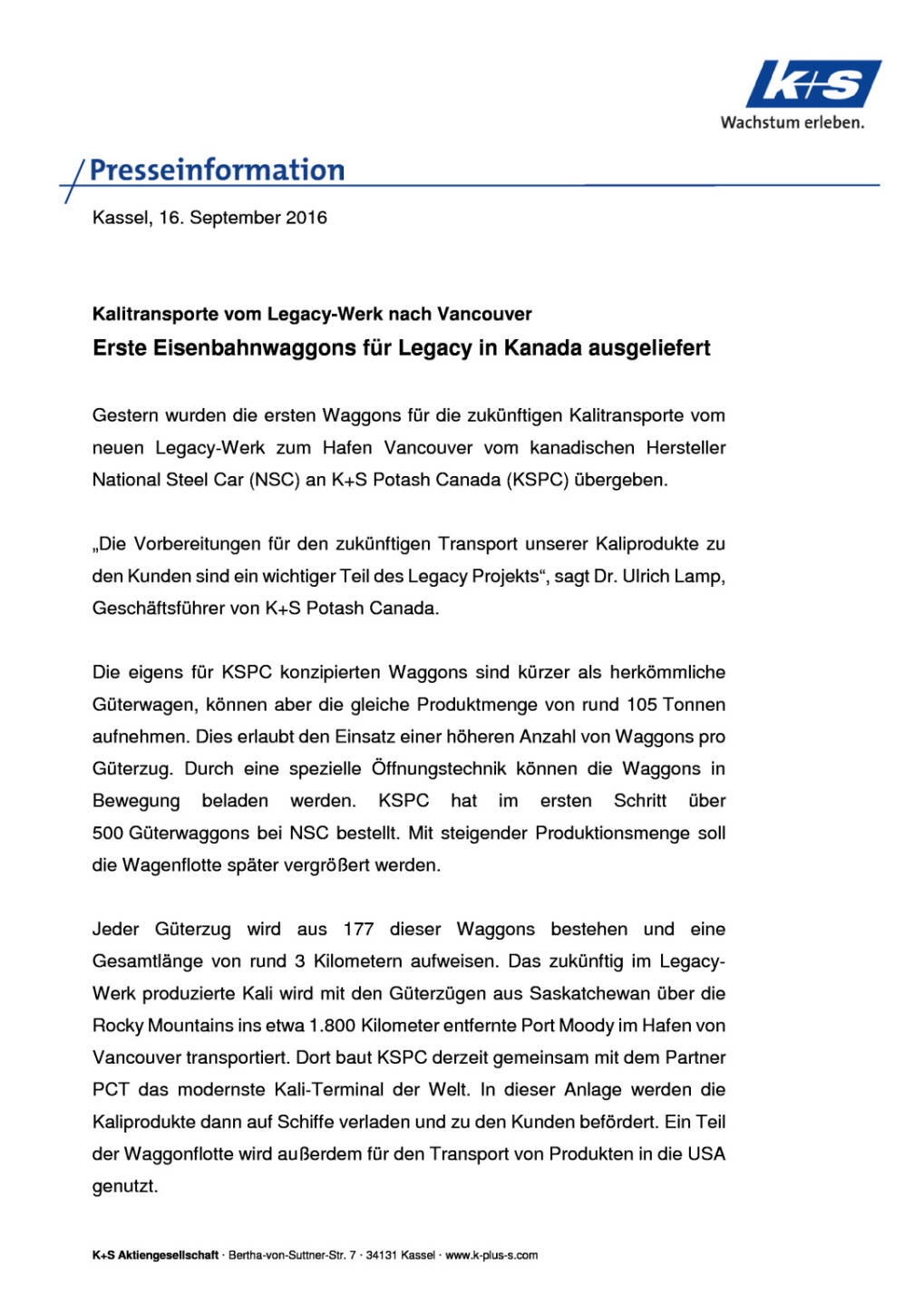 K+S AG: Eisenbahnwaggons für Legacy in Kanada ausgeliefert, Seite 1/2, komplettes Dokument unter http://boerse-social.com/static/uploads/file_1778_ks_ag_eisenbahnwaggons_fur_legacy_in_kanada_ausgeliefert.pdf