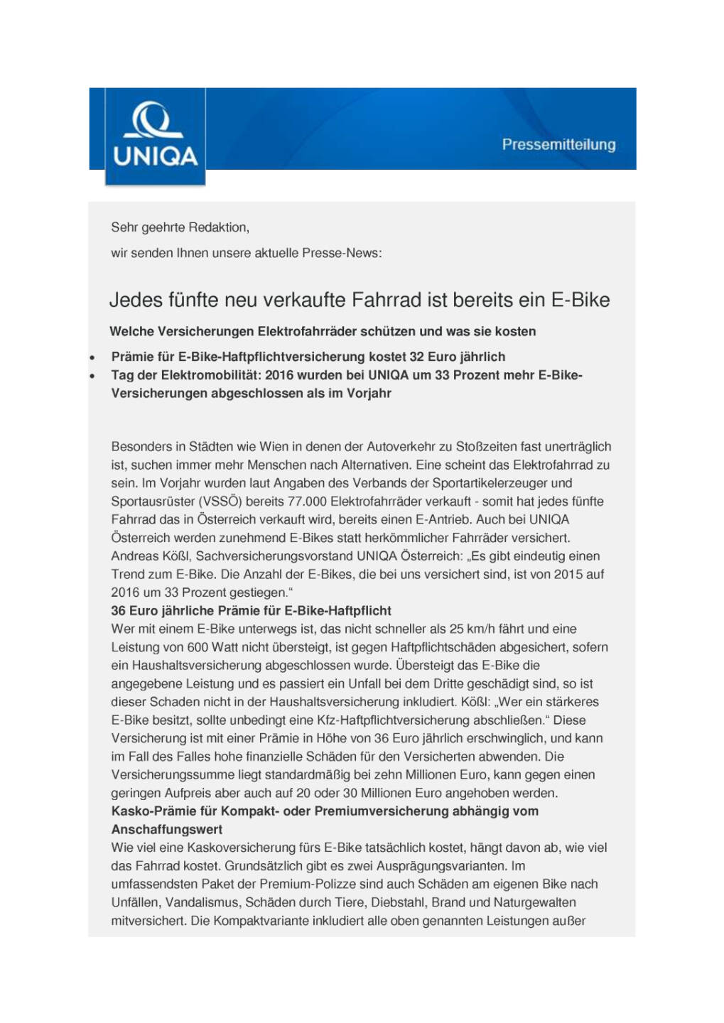 Uniqa: Versicherungen Elektrofahrräder, Seite 1/2, komplettes Dokument unter http://boerse-social.com/static/uploads/file_1781_uniqa_versicherungen_elektrofahrrader.pdf