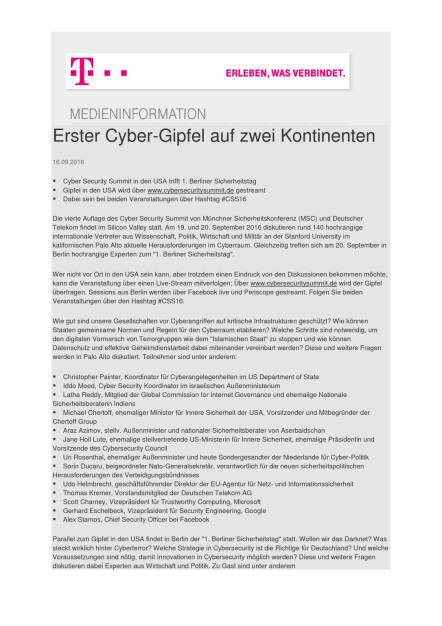 Deutsche Telekom: Erster Cyber-Gipfel auf zwei Kontinenten, Seite 1/2, komplettes Dokument unter http://boerse-social.com/static/uploads/file_1783_deutsche_telekom_erster_cyber-gipfel_auf_zwei_kontinenten.pdf (16.09.2016) 