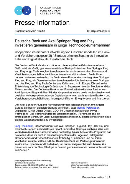 Deutsche Bank: Kooperation mit Axel Springer Plug and Play, Seite 1/2, komplettes Dokument unter http://boerse-social.com/static/uploads/file_1791_deutsche_bank_kooperation_mit_axel_springer_plug_and_play.pdf (19.09.2016) 