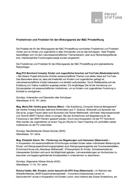 B&C Privatstiftung: Finalisten Bildungspreis, Seite 1/5, komplettes Dokument unter http://boerse-social.com/static/uploads/file_1792_bc_privatstiftung_finalisten_bildungspreis.pdf (19.09.2016) 