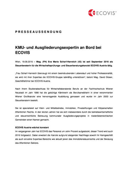 Ecovis: KMU- und Ausgliederungsexpertin an Bord, Seite 1/2, komplettes Dokument unter http://boerse-social.com/static/uploads/file_1796_ecovis_kmu-_und_ausgliederungsexpertin_an_bord.pdf (19.09.2016) 