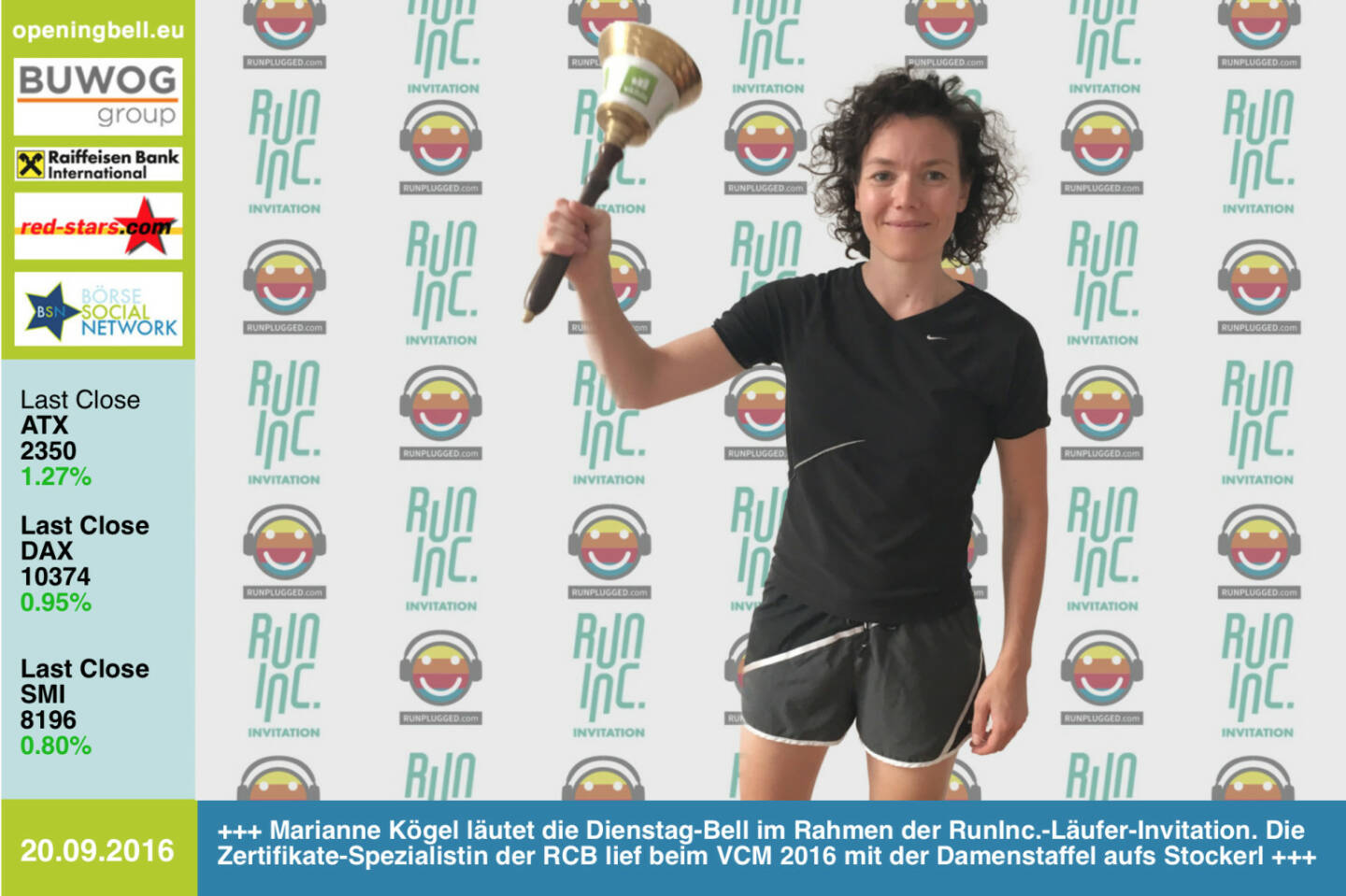 #openingbell am 20.9.: Marianne Kögel läutet die Opening Bell für Dienstag im Rahmen der RunInc.-Läufer-Invitation. Die Zertifikate-Spezialistin der RCB lief beim VCM 2016 mit der Damenstaffel aufs Stockerl, am vergangenen Wochenende war sie fünfbeste Frau beim Halbmarathon am Stubenbergsee, 2. AK, siehe http://photaq.com/page/index/2348 http://www.rcb.at http://www.runinc.at http://www.runplugged.com http://www.openingbell.eu