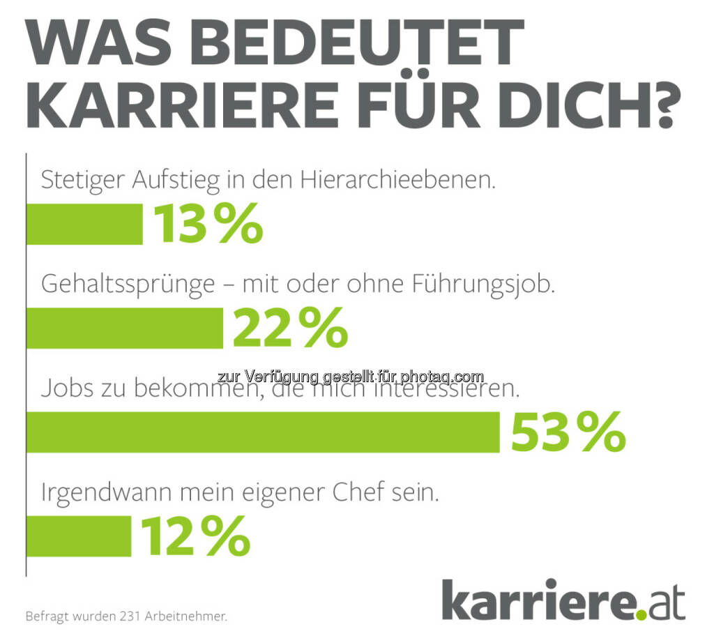 Grafik „Was bedeutet Karriere für Dich?“ : Online-Umfrage, 231 Arbeitnehmer : Fotocredit: karriere.at/Ecker, © Aussender (20.09.2016) 