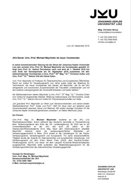 JKU-Senat: Univ.-Prof. Michael Mayrhofer ist neuer Vorsitzender, Seite 1/1, komplettes Dokument unter http://boerse-social.com/static/uploads/file_1803_jku-senat_univ-prof_michael_mayrhofer_ist_neuer_vorsitzender.pdf (20.09.2016) 