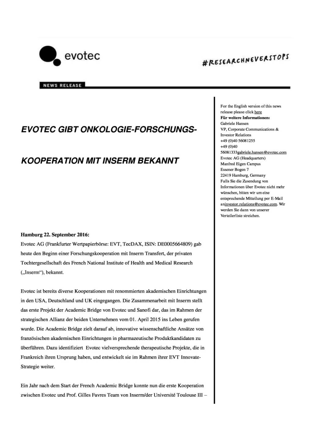 Evotec: Onkologie-Forschungs-Kooperation mit Inserm, Seite 1/3, komplettes Dokument unter http://boerse-social.com/static/uploads/file_1815_evotec_onkologie-forschungs-kooperation_mit_inserm.pdf