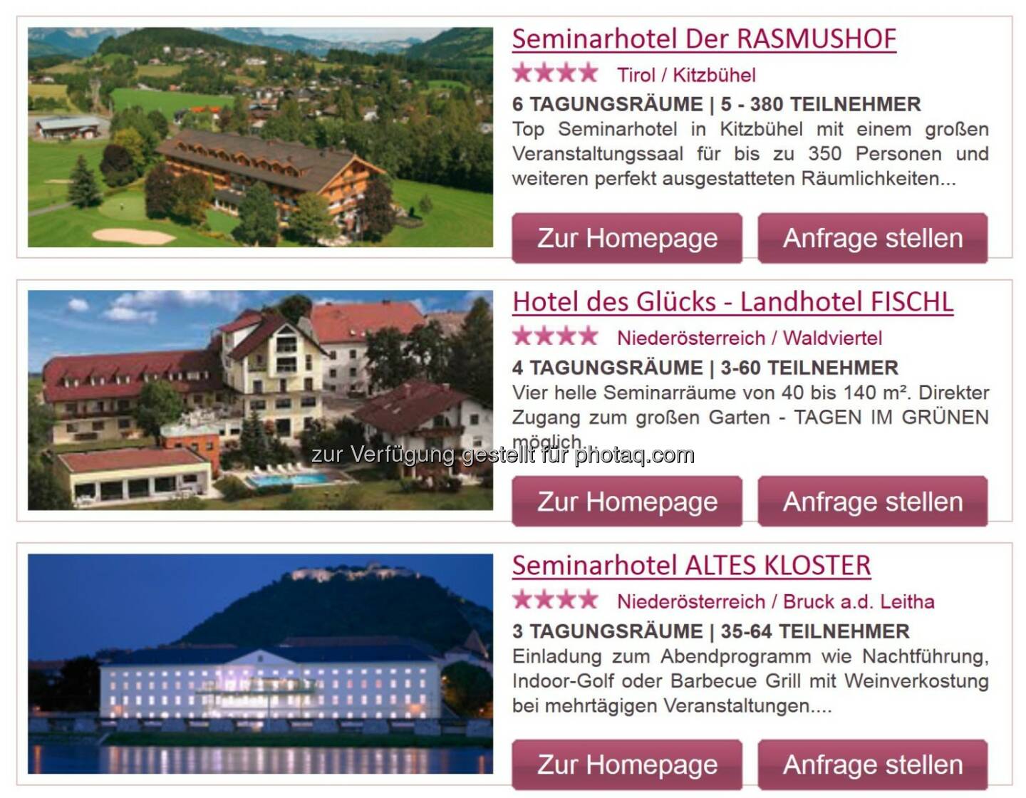 Screenshot ePortal Seminar- und Tagungshotels in Österreich : Neues ePortal für Seminar- und Tagungshotels in Österreich : Leistungsorientierte Verrechnung ohne Vertragsbindung : Fotocredit: e-consulting.at/Jungwirth