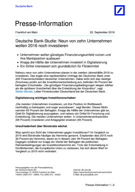 Deutsche Bank-Studie: Neun von zehn Unternehmen wollen 2016 noch investieren, Seite 1/2, komplettes Dokument unter http://boerse-social.com/static/uploads/file_1818_deutsche_bank-studie_neun_von_zehn_unternehmen_wollen_2016_noch_investieren.pdf (22.09.2016) 