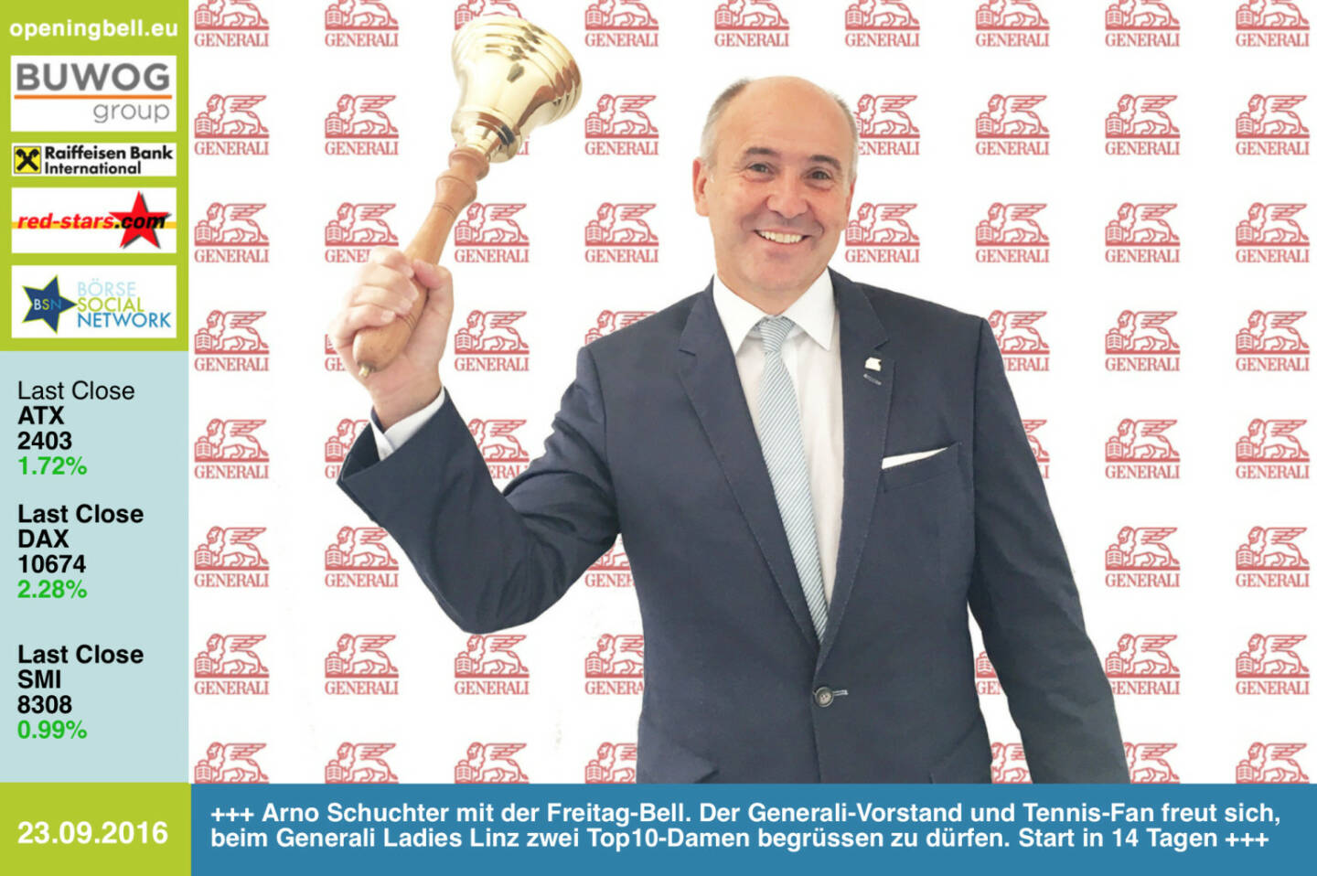 #openingbell am 23.9.: Arno Schuchter mit der Opening Bell für Freitag. Der Generali-Vorstand und Tennis-Fan freut sich, beim Generali Ladies Linz zwei Top10-Damen begrüssen zu dürfen. Start in 14 Tagen http://www.generali-ladies.at https://twitter.com/kapliskova https://twitter.com/carlasuareznava http://www.generali.at http://www.openingbell.eu