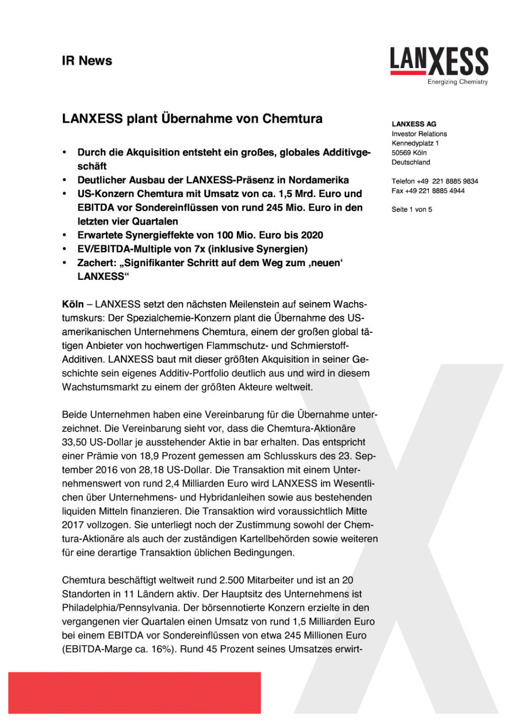 Lanxess plant Übernahme von Chemtura, Seite 1/5, komplettes Dokument unter http://boerse-social.com/static/uploads/file_1828_lanxess_plant_übernahme_von_chemtura.pdf