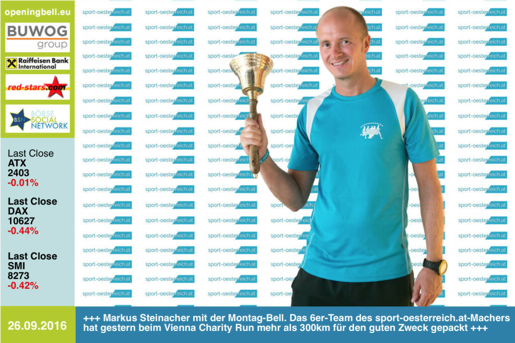 #openingbell am 26.9.: Markus Steinacher läutet die Opening Bell für Montag. Das 6er-Team des http://www.sport-oesterreich.at - Machers (bestehend aus Ultraläufern und Hobbysportlern) hat gestern beim Vienna Charity Run mehr als 300km für den guten Zweck gepackt, siehe Runletter #14 http://runplugged.com/newsletter/preview/1532 http://www.openingbell.eu (26.09.2016) 