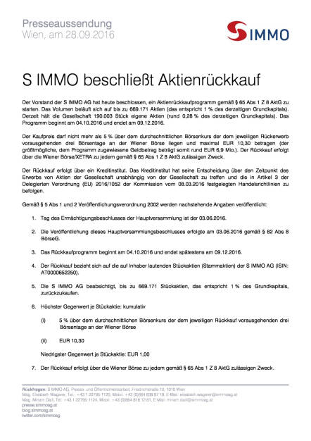 S Immo beschliesst Aktienrückkauf, Seite 1/2, komplettes Dokument unter http://boerse-social.com/static/uploads/file_1842_s_immo_beschliesst_aktienruckkauf.pdf (28.09.2016) 