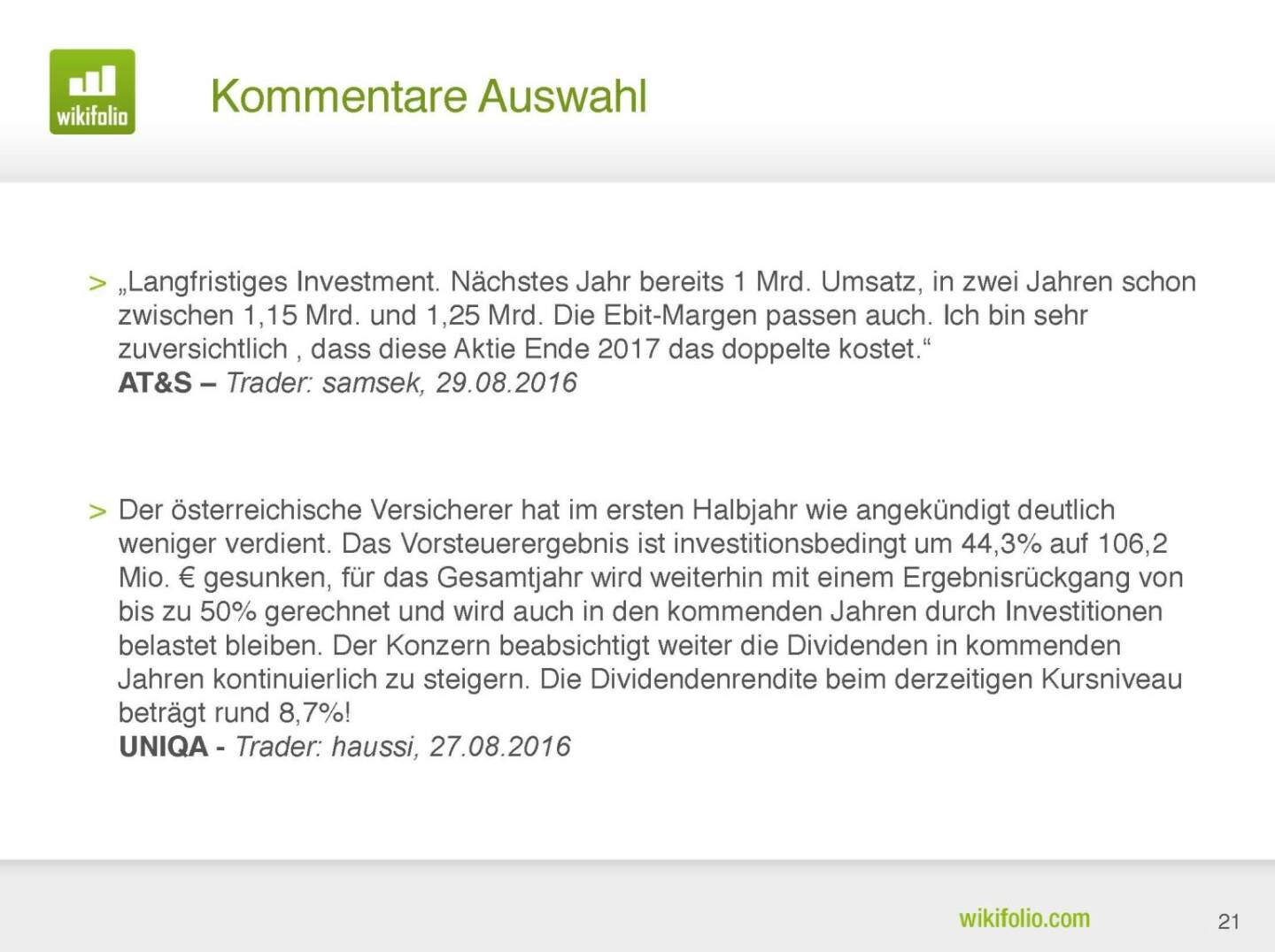 wikifolio.com - Kommentare Auswahl