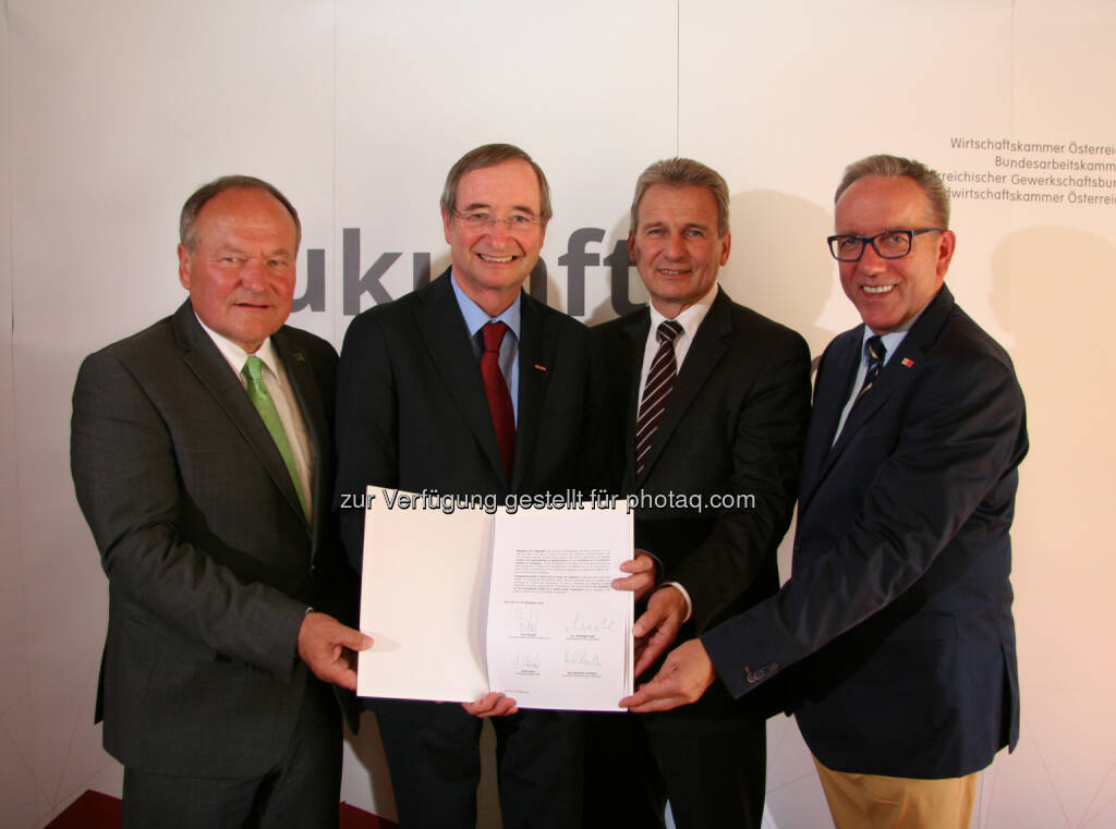 Hermann Schultes (LKÖ-Präsident), Christoph Leitl (WKÖ-Präsident), Erich Foglar (ÖGB-Präsident), Rudolf Kaske (Präsident der Bundesarbeitskammer) : 10. Bad Ischler Dialog: „70 Jahre Sozialpartnerschaft heißt in die Zukunft blicken“ : Fotocredit: WKÖ Presse/Blauensteiner, © Aussender (29.09.2016) 