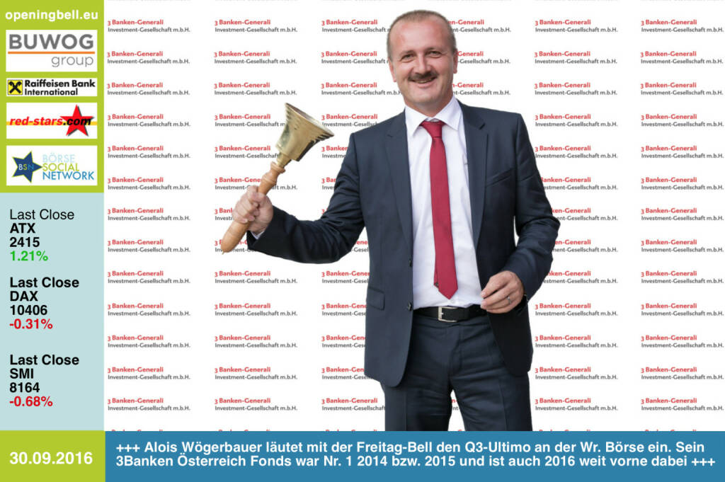 #openingbell am 30.9.:  Alois Wögerbauer läutet mit der Freitag-Bell den Q3-Ultimo an der Wiener Börse ein. Sein 3Banken Österreich Fonds war die Nr. 1 in 2014 bzw. 2015 und ist auch 2016 weit vorne dabei boerse-social.com/numberone/2014 boerse-social.com/numberone/2015 http://www.3bg.at http://www.openingbell.eu (30.09.2016) 