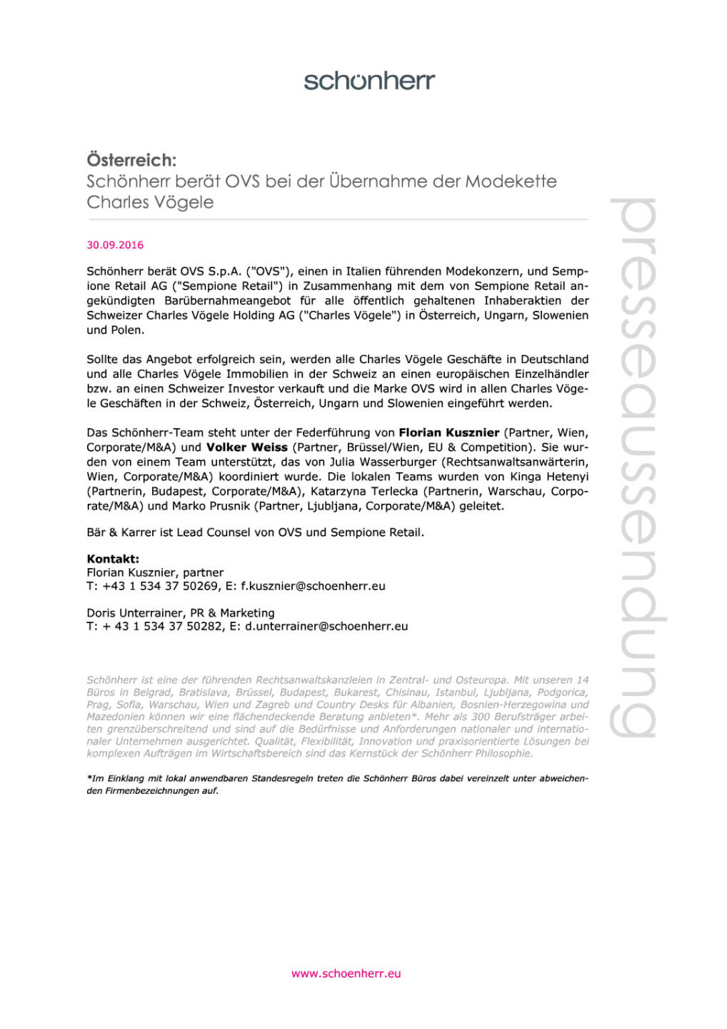 Schönherr berät OVS bei der Übernahme der Modekette Charles Vögele , Seite 1/1, komplettes Dokument unter http://boerse-social.com/static/uploads/file_1858_schonherr_berat_ovs_bei_der_ubernahme_der_modekette_charles_vogele.pdf