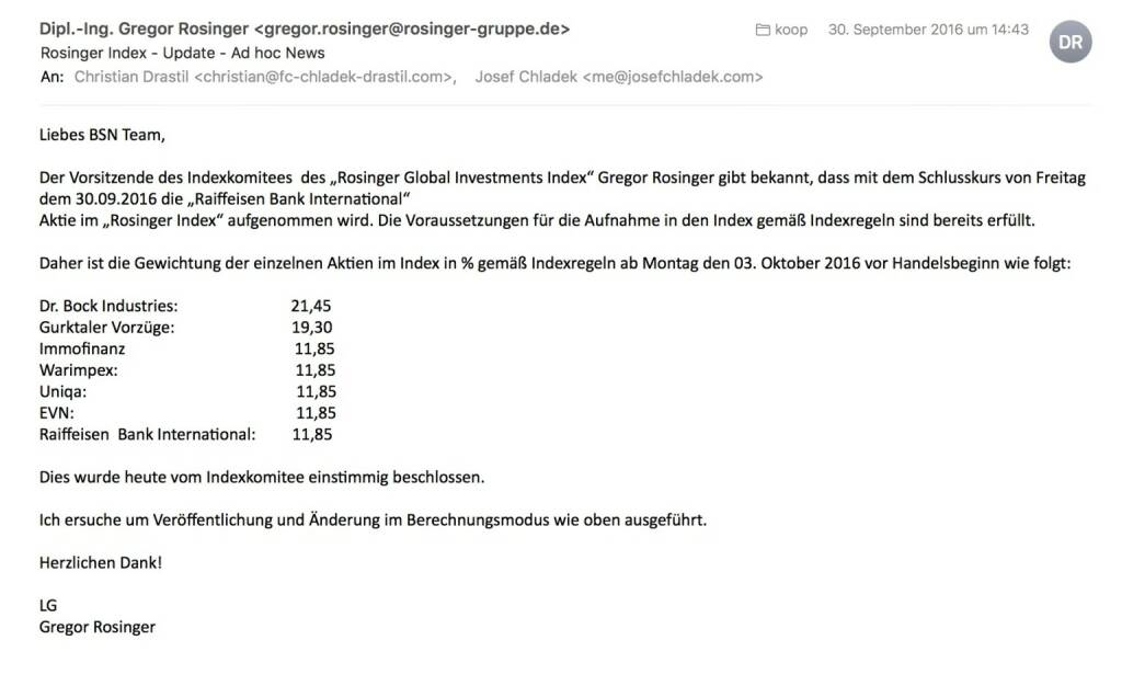 Indexevent Rosinger-Index 15: Aufnahme RBI per Schlusskurse 30.9. (03.10.2016) 