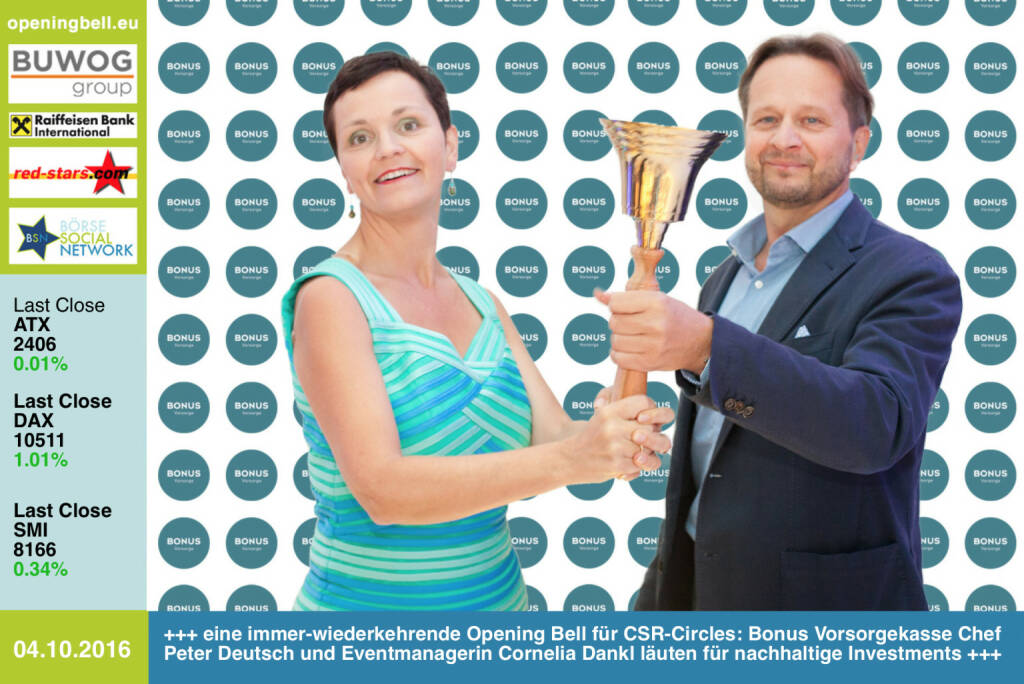 #openingbell am 4.10.: Eine Opening Bell nicht nur für Dienstag, sondern eine immer-wiederkehrende für CSR-Circles: Bonus Vorsorgekasse Chef Peter Deutsch und Eventmanagerin Cornelia Dankl läuten für nachhaltige Investments http://www.bonusvorsorge.at http://www.openingbell.eu (04.10.2016)
