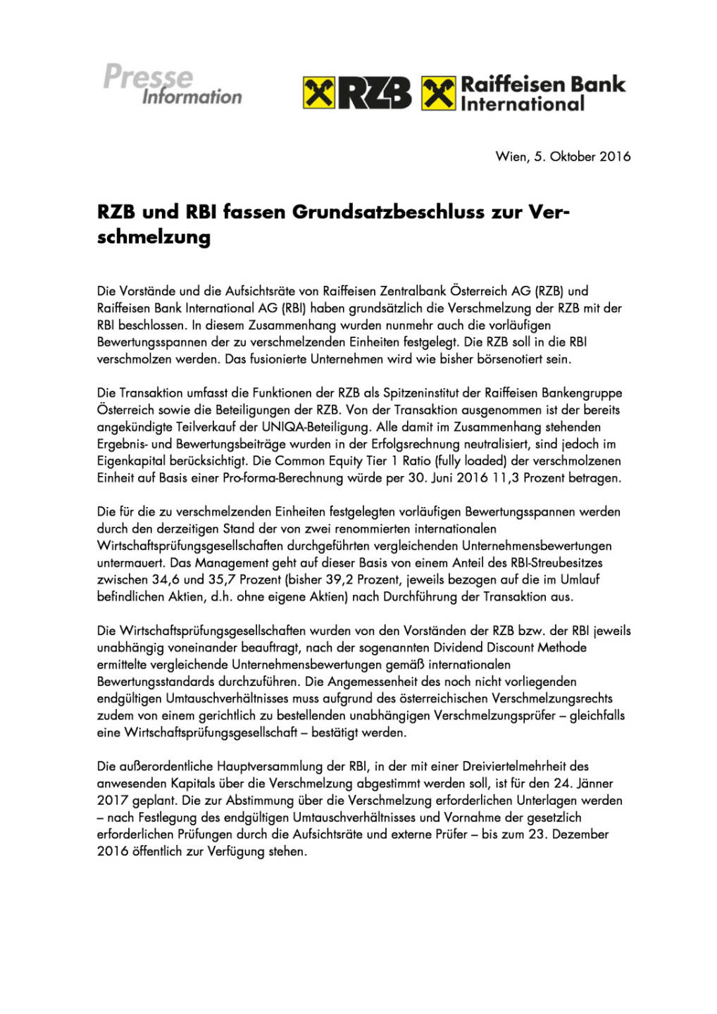 RZB und RBI fassen Grundsatzbeschluss zur Verschmelzung, Seite 1/2, komplettes Dokument unter http://boerse-social.com/static/uploads/file_1875_rzb_und_rbi_fassen_grundsatzbeschluss_zur_verschmelzung.pdf