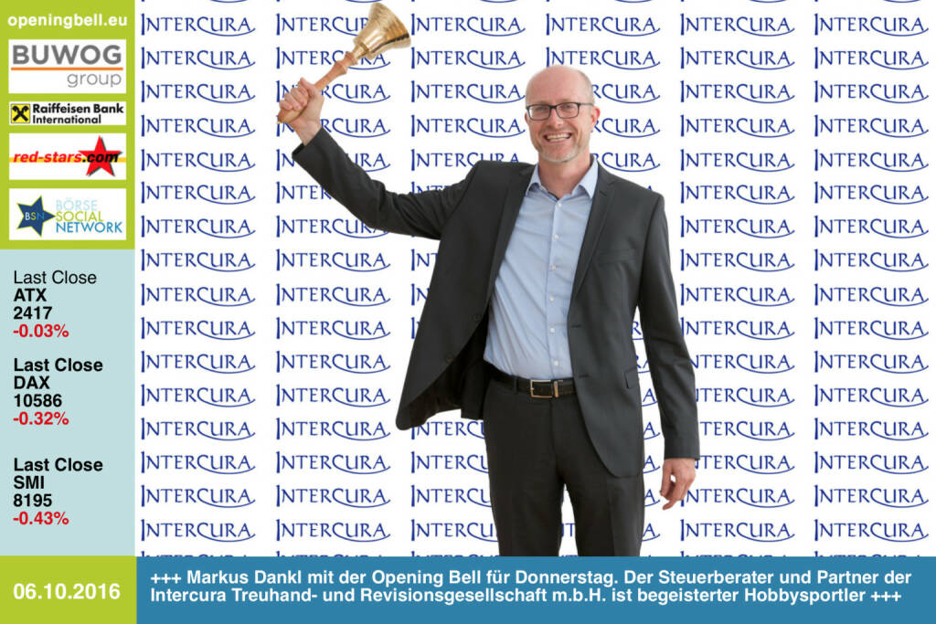 #openingbell am 6.10.: Markus Dankl mit der Opening Bell für Donnerstag. Der Steuerberater und Partner der Intercura Treuhand- und Revisionsgesellschaft m.b.H. ist begeisterter Hobbysportler http://www.intercura.at http://www.openingbell.eu (06.10.2016) 