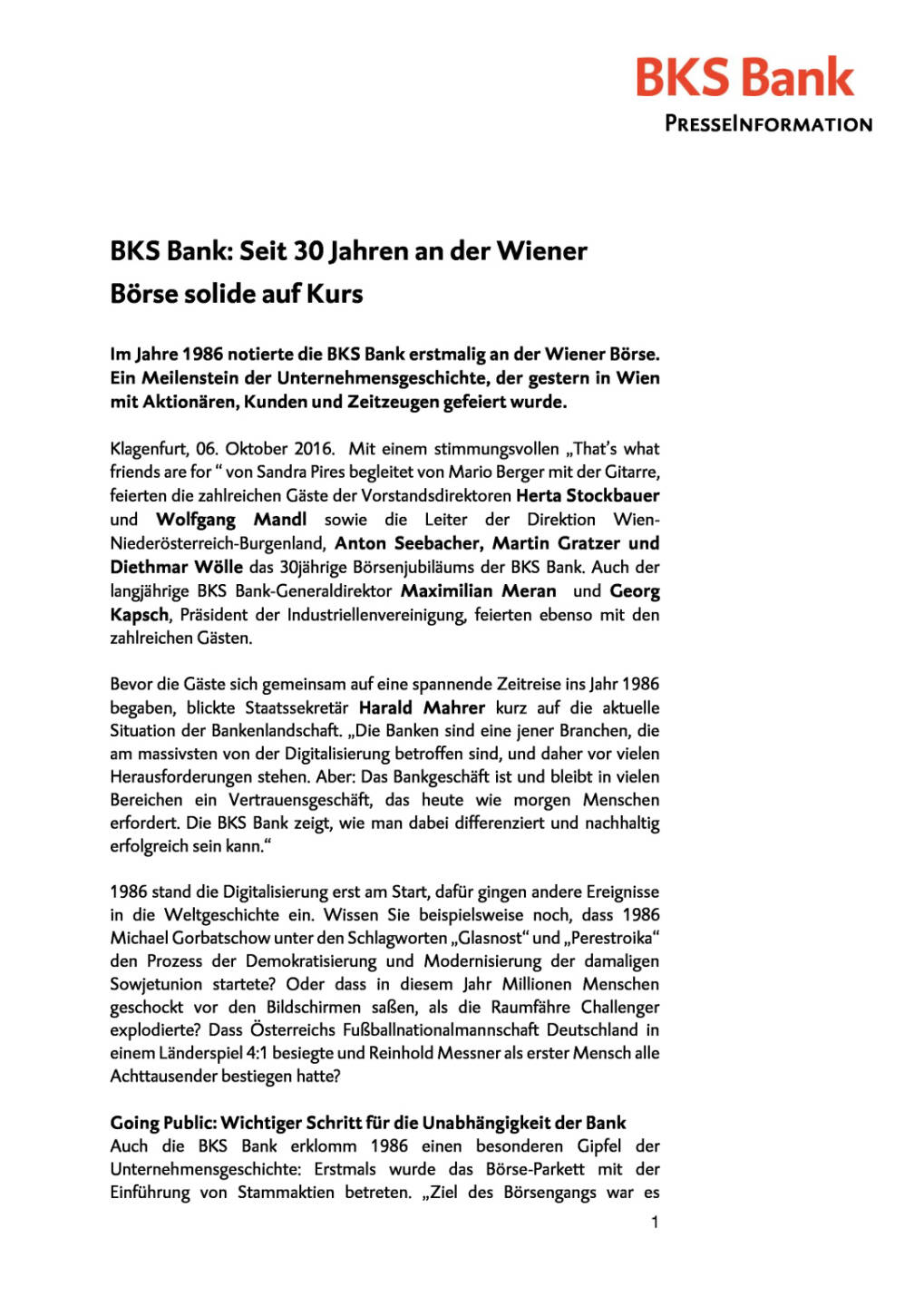 BKS Bank feiert 30jähriges Börsejubiläum, Seite 1/4, komplettes Dokument unter http://boerse-social.com/static/uploads/file_1879_bks_bank_feiert_30jahriges_borsejubilaum.pdf