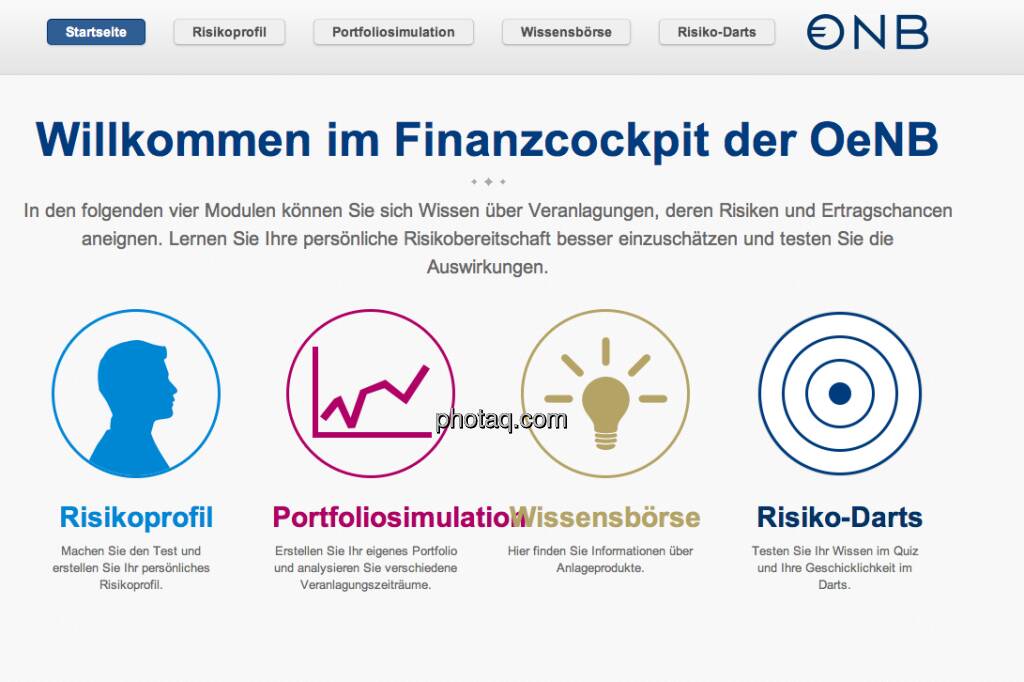 Im Rahmen der Initiative Finanzwissen wurde in Zusammenarbeit mit der Wiener IT-Firma OVOS, Spezialist für digitale Anwendungen für spielerische Wissensvermittlung, das Finanzcockpit entwickelt. Damit setzt die OeNB ihr Engagement im Bereich der interaktiven Onlinetools fort. Auf der Website www.oenb.at findet sich das gesamte Bildungsangebot der OeNB.
 
Das Finanzcockpit ist unter www.oenb.at/finanzcockpit zu finden. (28.04.2013) 