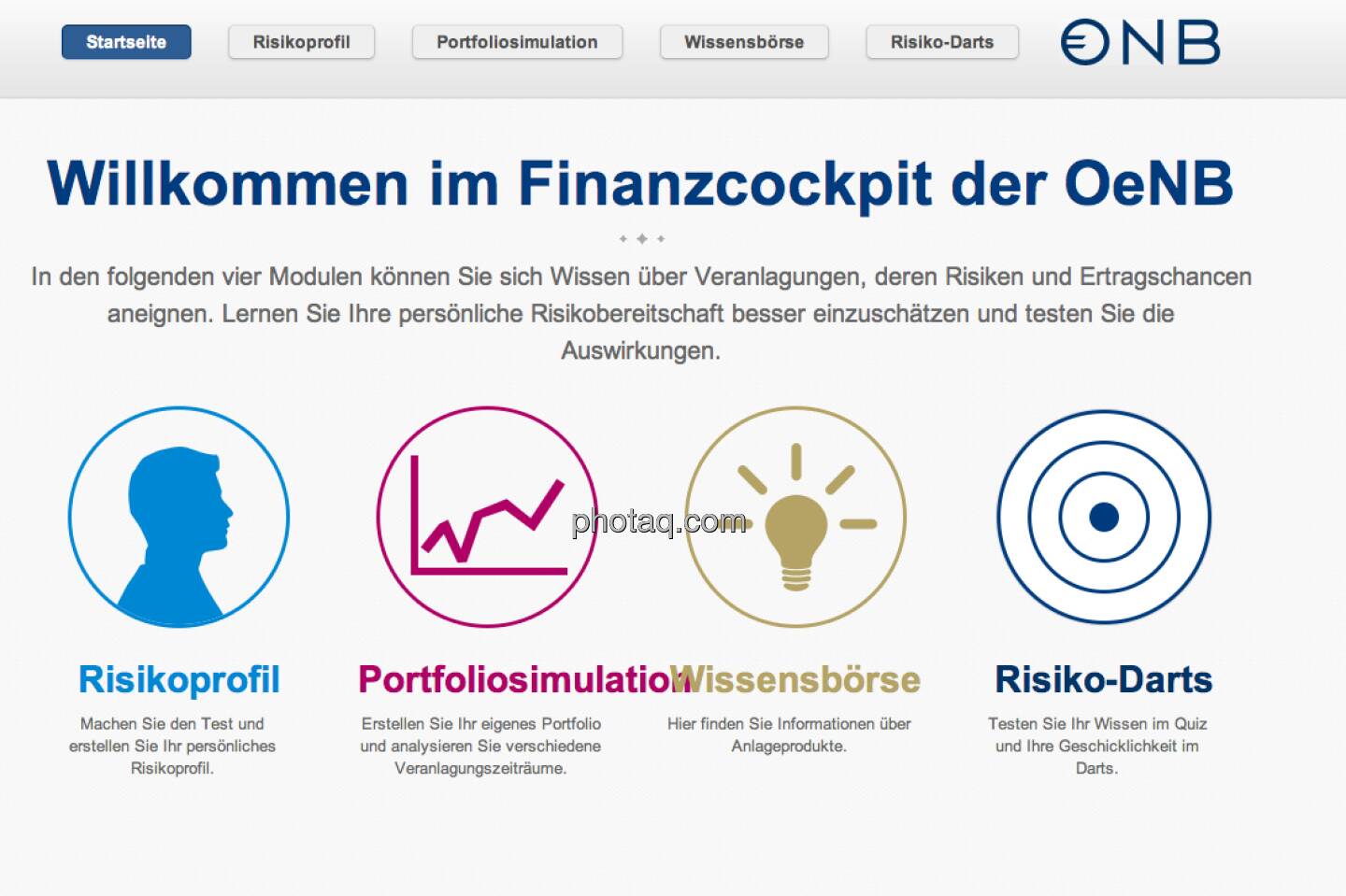 Im Rahmen der Initiative Finanzwissen wurde in Zusammenarbeit mit der Wiener IT-Firma OVOS, Spezialist für digitale Anwendungen für spielerische Wissensvermittlung, das Finanzcockpit entwickelt. Damit setzt die OeNB ihr Engagement im Bereich der interaktiven Onlinetools fort. Auf der Website www.oenb.at findet sich das gesamte Bildungsangebot der OeNB.
 
Das Finanzcockpit ist unter www.oenb.at/finanzcockpit zu finden.