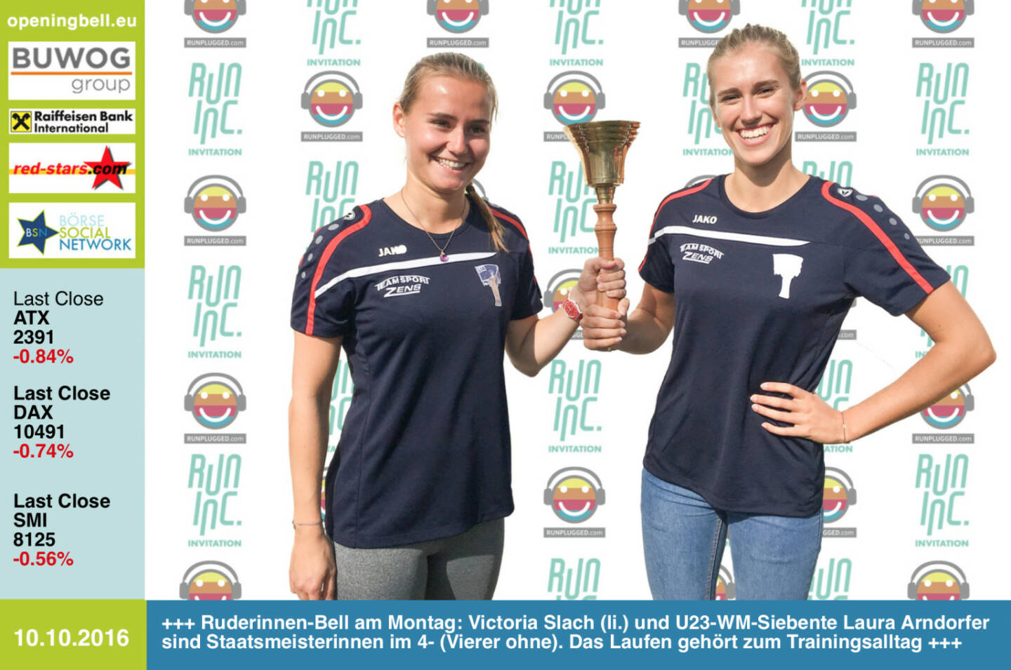 #openingbell am 10.10.: Ruderinnen-Bell der U23-WM-Starterinnen am Montag: Victoria Slach (li.) und U23-WM-Siebente Laura Arndorfer sind Staatsmeisterinnen im 4- (Vierer ohne). Sie läuten im Rahmen der RunInc.-Invitation, das Laufen gehört zum Trainingsalltag http://www.runinc.at http://www.openingbell.eu http://www.runplugged.com