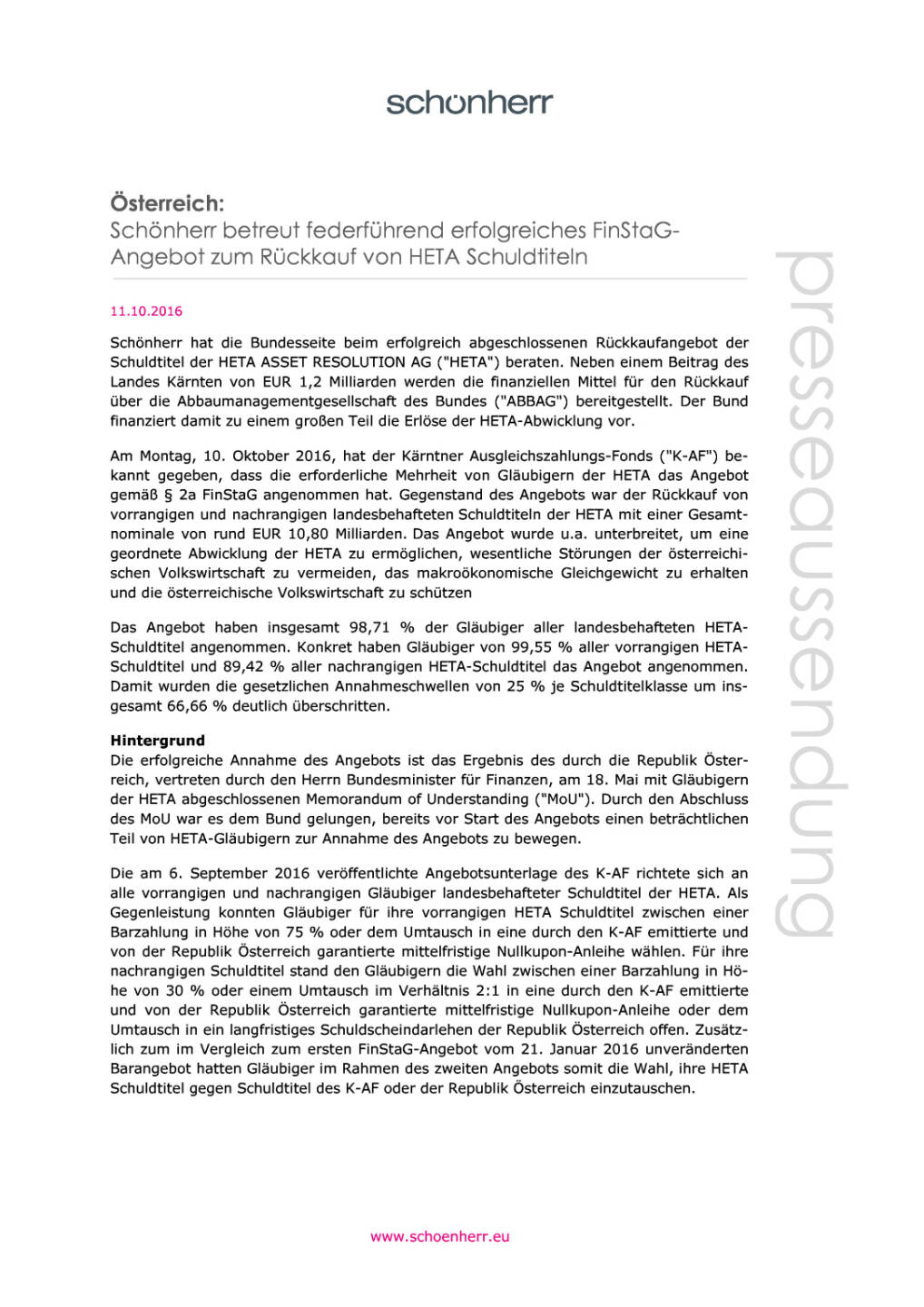 Schönherr betreut federführend erfolgreiches FinStaG-Angebot zum Rückkauf von HETA Schuldtiteln, Seite 1/2, komplettes Dokument unter http://boerse-social.com/static/uploads/file_1891_schonherr_betreut_federfuhrend_erfolgreiches_finstag-angebot_zum_ruckkauf_von_heta_schuldtiteln.pdf