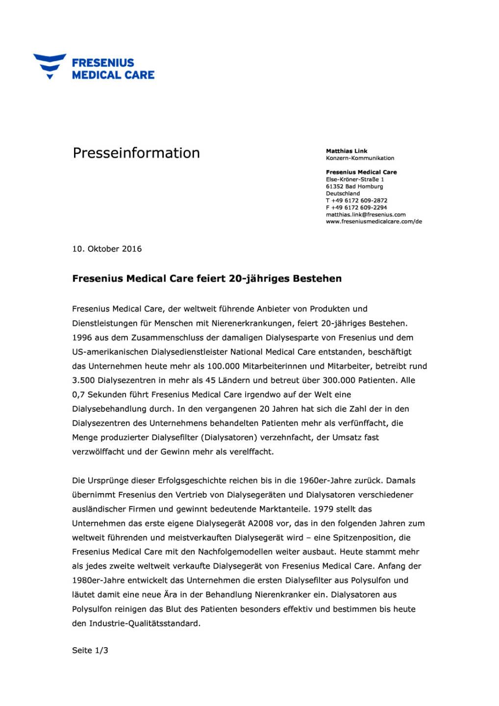 Fresenius Medical Care feiert 20-jähriges Bestehen, Seite 1/3, komplettes Dokument unter http://boerse-social.com/static/uploads/file_1895_fresenius_medical_care_feiert_20-jahriges_bestehen.pdf
