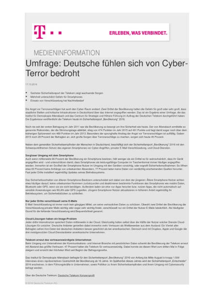 Deutsche Telekom: Umfrage zu Cyber-Sicherheit, Seite 1/2, komplettes Dokument unter http://boerse-social.com/static/uploads/file_1907_deutsche_telekom_umfrage_zu_cyber-sicherheit.pdf (17.10.2016) 