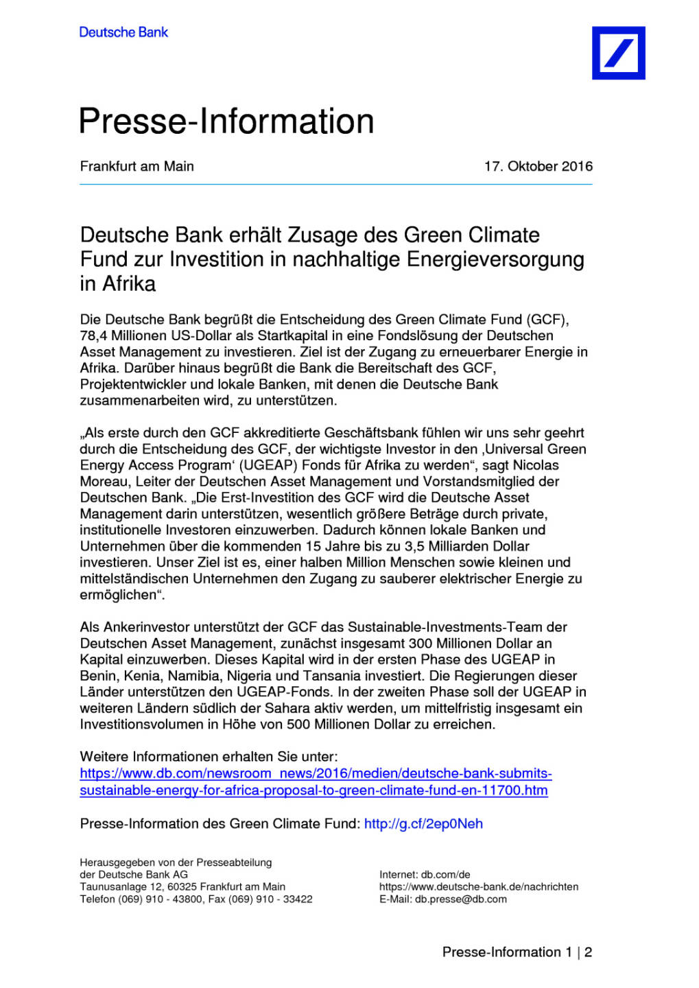 Deutsche Bank: Green Climate Fund, Seite 1/2, komplettes Dokument unter http://boerse-social.com/static/uploads/file_1908_deutsche_bank_green_climate_fund.pdf
