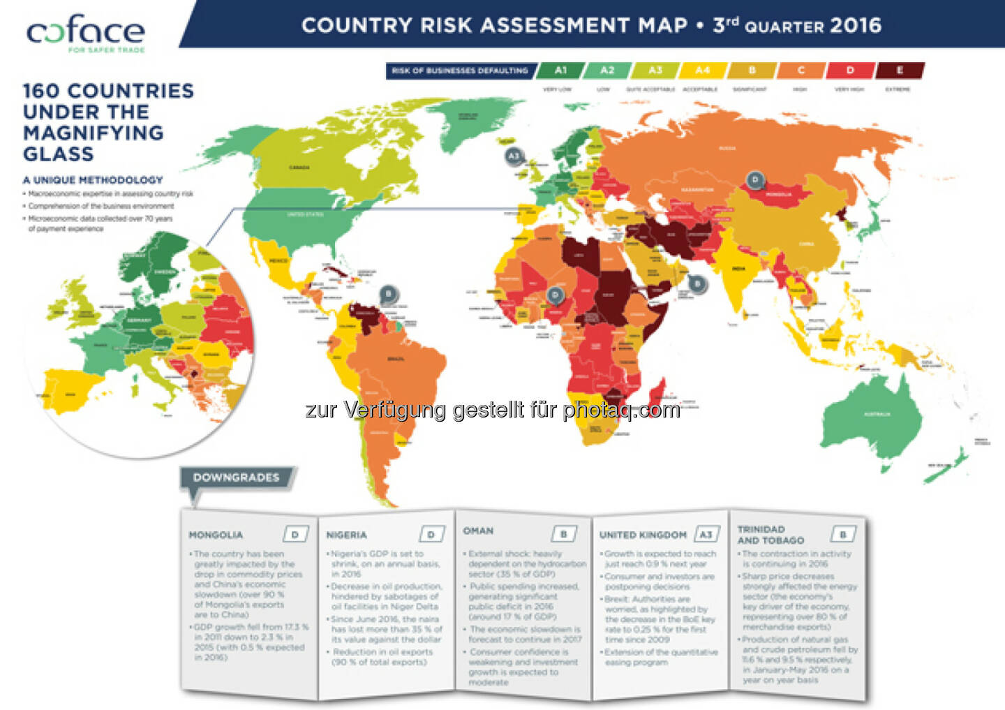 Risk Assessment Map Q3 2016 : Coface aktualisiert Länderbewertungen : Großbritannien nur noch A3. Weitere Herabstufungen in der Coface-Länderbewertung wegen Brexit-Schock und sinkenden Öleinnahmen : Fotocredit: Coface