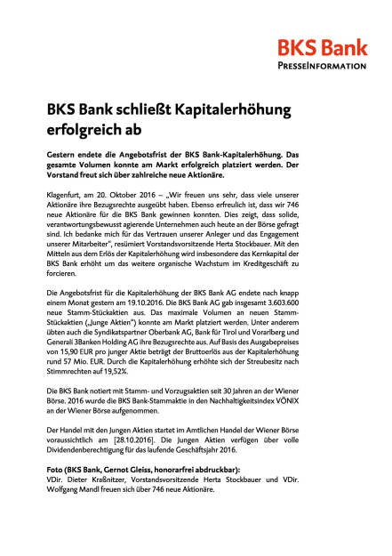 BKS Bank: Kapitalerhöhung erfolgreich abgeschlossen, Seite 1/2, komplettes Dokument unter http://boerse-social.com/static/uploads/file_1920_bks_bank_kapitalerhohung_erfolgreich_abgeschlossen.pdf (21.10.2016) 