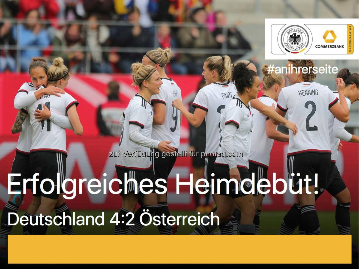 Gelungene Heimpremiere nach dem Olympiasieg in Rio für die DFB-Frauen und Steffi Jones als Teamchefin. Nach einem spannenden und unterhaltsamen Spiel gewinnt die Frauen-Nationalmannschaft das Freundschaftsspiel gegen Österreich mit 4:2 in der Continental Arena in Regensburg. #anihrerseite #dfbfrauen #länderspiel #marozsan #henning #popp #faißt #mittag #peter #fußball  Source: http://facebook.com/commerzbank