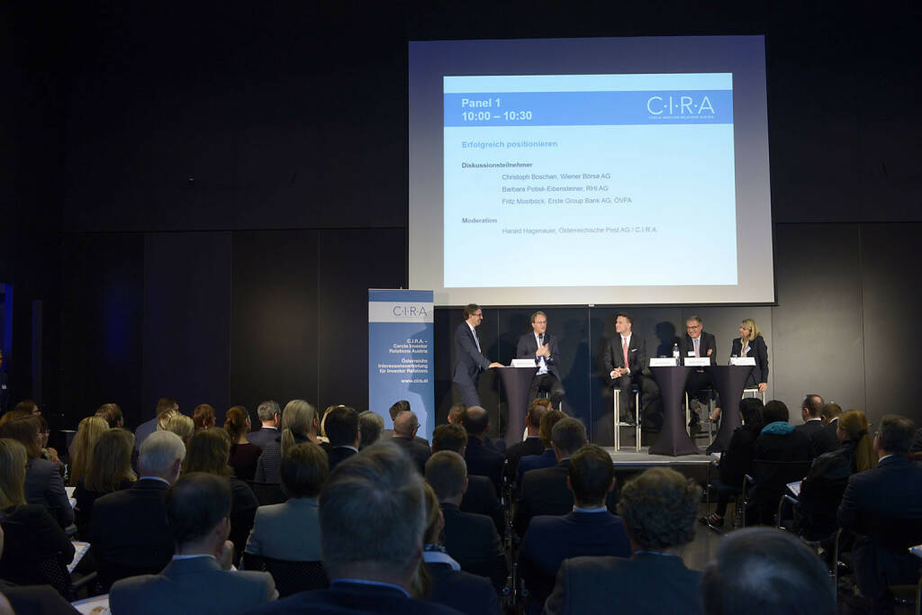 Harald Hagenauer (Österr. Post), Markus Hengstschläger, Christoph Boschan (Wiener Börse AG), Fritz Mostböck  (Erste Group Bank AG, ÖVFA), Barbara Potisk-Eibensteiner (RHI AG), © C.I.R.A./APA-Fotoservice/Bargad Fotograf/in: Nadine Bargad (23.10.2016) 