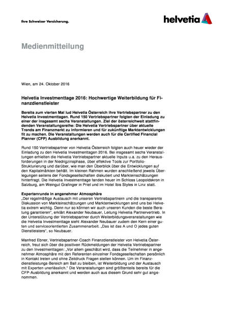 Helvetia Investmenttage 2016: Hochwertige Weiterbildung für Finanzdienstleister, Seite 1/3, komplettes Dokument unter http://boerse-social.com/static/uploads/file_1923_helvetia_investmenttage_2016_hochwertige_weiterbildung_fur_finanzdienstleister.pdf (24.10.2016) 