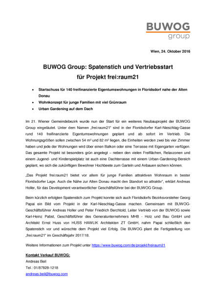 Buwog Group: Spatenstich und Vertriebsstart Karl-Nieschlag-Gasse, Seite 1/2, komplettes Dokument unter http://boerse-social.com/static/uploads/file_1925_buwog_group_spatenstich_und_vertriebsstart_karl-nieschlag-gasse.pdf (24.10.2016) 