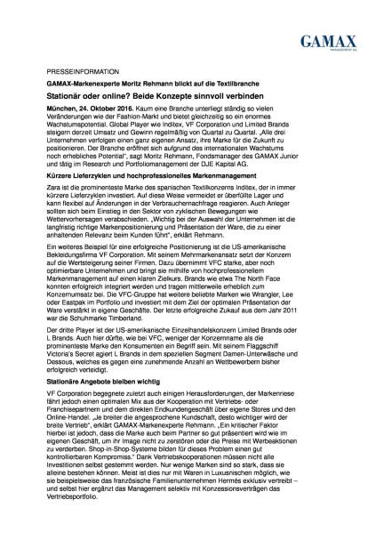 GAMAX-Markenexperte Moritz Rehmann: Textilbranche, Seite 1/2, komplettes Dokument unter http://boerse-social.com/static/uploads/file_1927_gamax-markenexperte_moritz_rehmann_textilbranche.pdf (24.10.2016) 