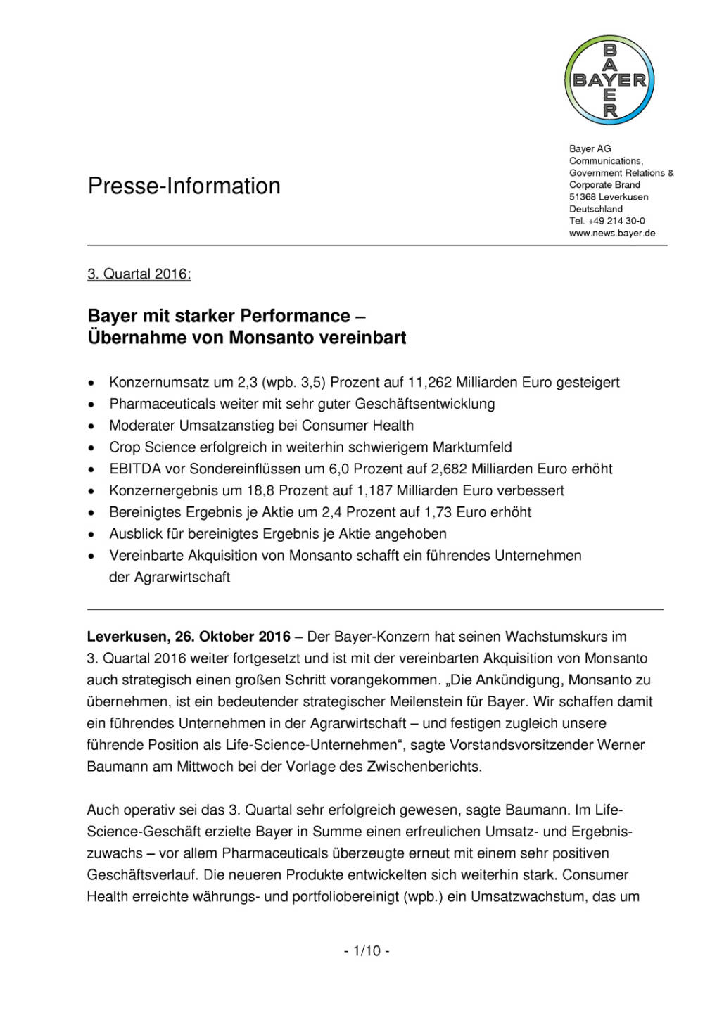 Bayer: Übernahme von Monsanto vereinbart, Seite 1/10, komplettes Dokument unter http://boerse-social.com/static/uploads/file_1934_bayer_ubernahme_von_monsanto_vereinbart.pdf