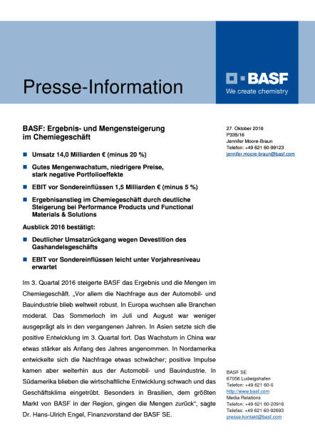 BASF: 3. Quartal 2016 - Ergebnis- und Mengensteigerung im Chemiegeschäft, Seite 1/6, komplettes Dokument unter http://boerse-social.com/static/uploads/file_1939_basf_3_quartal_2016_-_ergebnis-_und_mengensteigerung_im_chemiegeschaft.pdf (27.10.2016) 