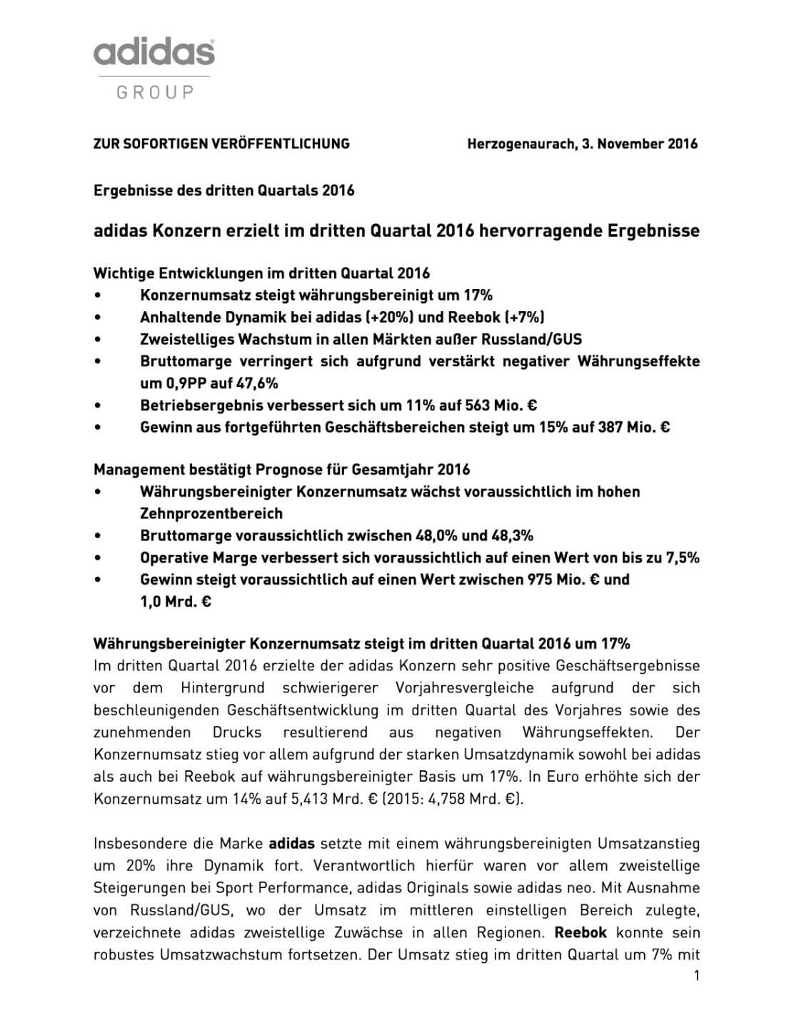 adidas: Ergebnisse des dritten Quartals 2016, Seite 1/9, komplettes Dokument unter http://boerse-social.com/static/uploads/file_1958_adidas_ergebnisse_des_dritten_quartals_2016.pdf