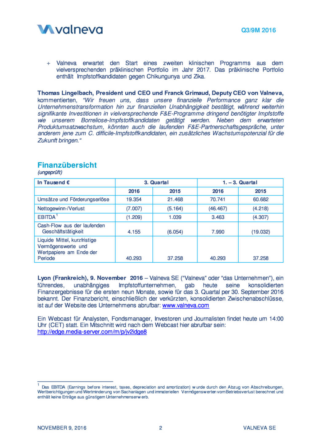 Valneva erhöht Finanzausblick für das Gesamtjahr 2016, Seite 2/11, komplettes Dokument unter http://boerse-social.com/static/uploads/file_1964_valneva_erhoht_finanzausblick_fur_das_gesamtjahr_2016.pdf