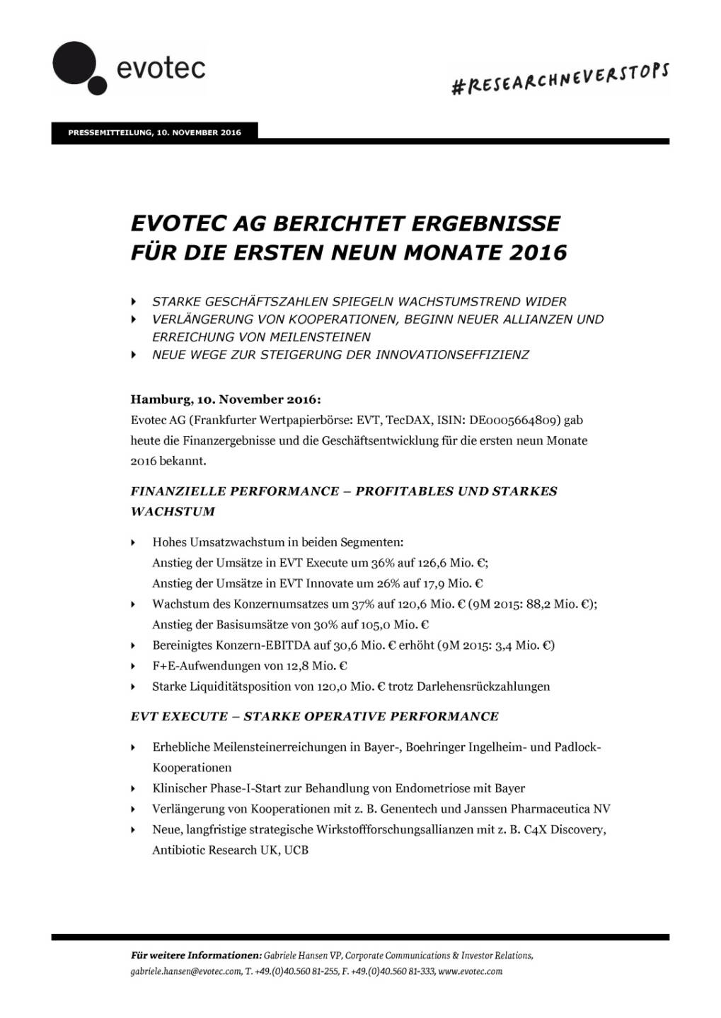 Evotec AG berichtet Ergebnisse für die ersten neun Monate 2016, Seite 1/8, komplettes Dokument unter http://boerse-social.com/static/uploads/file_1967_evotec_ag_berichtet_ergebnisse_fur_die_ersten_neun_monate_2016.pdf