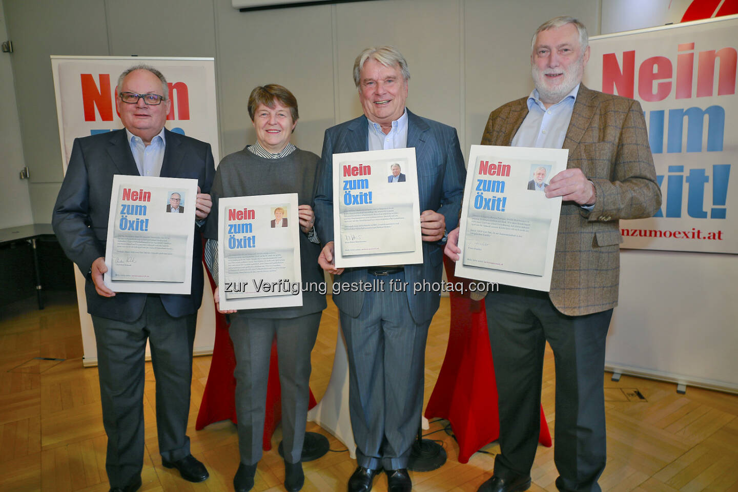 Christian Konrad, Brigitte Ederer, Hans Peter Haselsteiner, Franz Fischler - Kampagne „Nein zum Öxit“: Nein zum Öxit. Nein zu Hofer. (Fotograf: Günther Langegger)