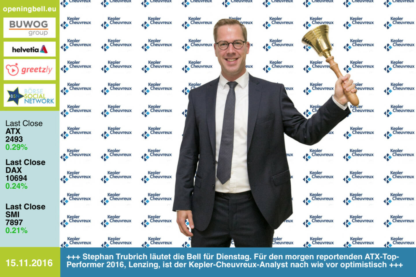 #openingbell am 15.11.:  Stephan Trubrich läutet die Opening Bell für Dienstag. Für den morgen reportenden ATX-Top-Performer 2016, Lenzing, ist der KeplerCheuvreux-Analyst nach wie vor optimistisch https://keplercheuvreux.com http://www.lenzing.com http://www.openingbell.eu