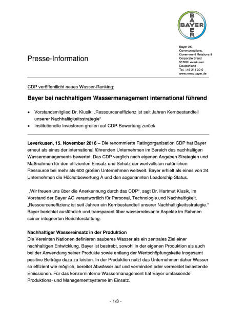 Bayer bei nachhaltigem Wassermanagement international führend , Seite 1/3, komplettes Dokument unter http://boerse-social.com/static/uploads/file_1979_bayer_bei_nachhaltigem_wassermanagement_international_fuehrend.pdf (15.11.2016) 
